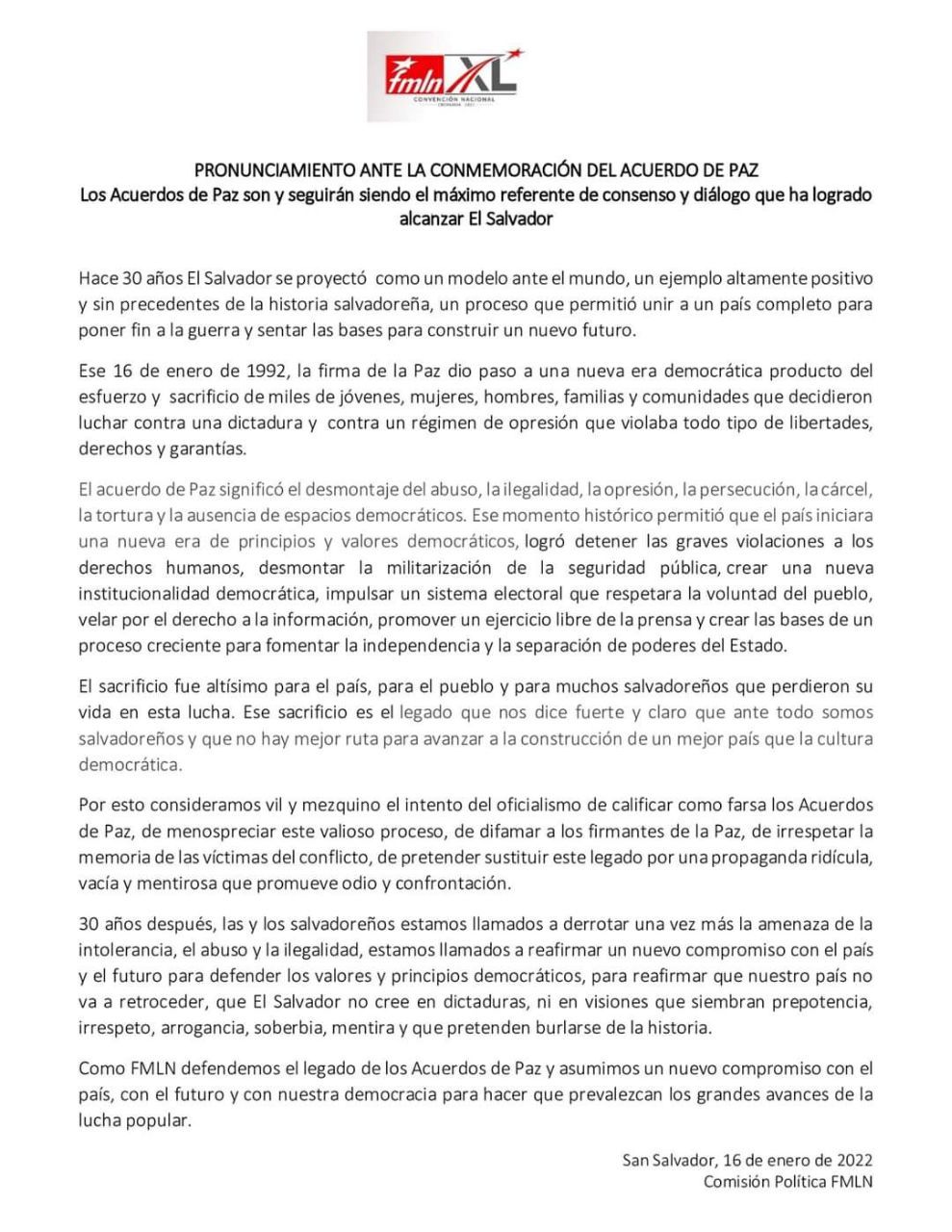 FMLN conmemora los Acuerdos de Paz y marcha con el pueblo en las calles.